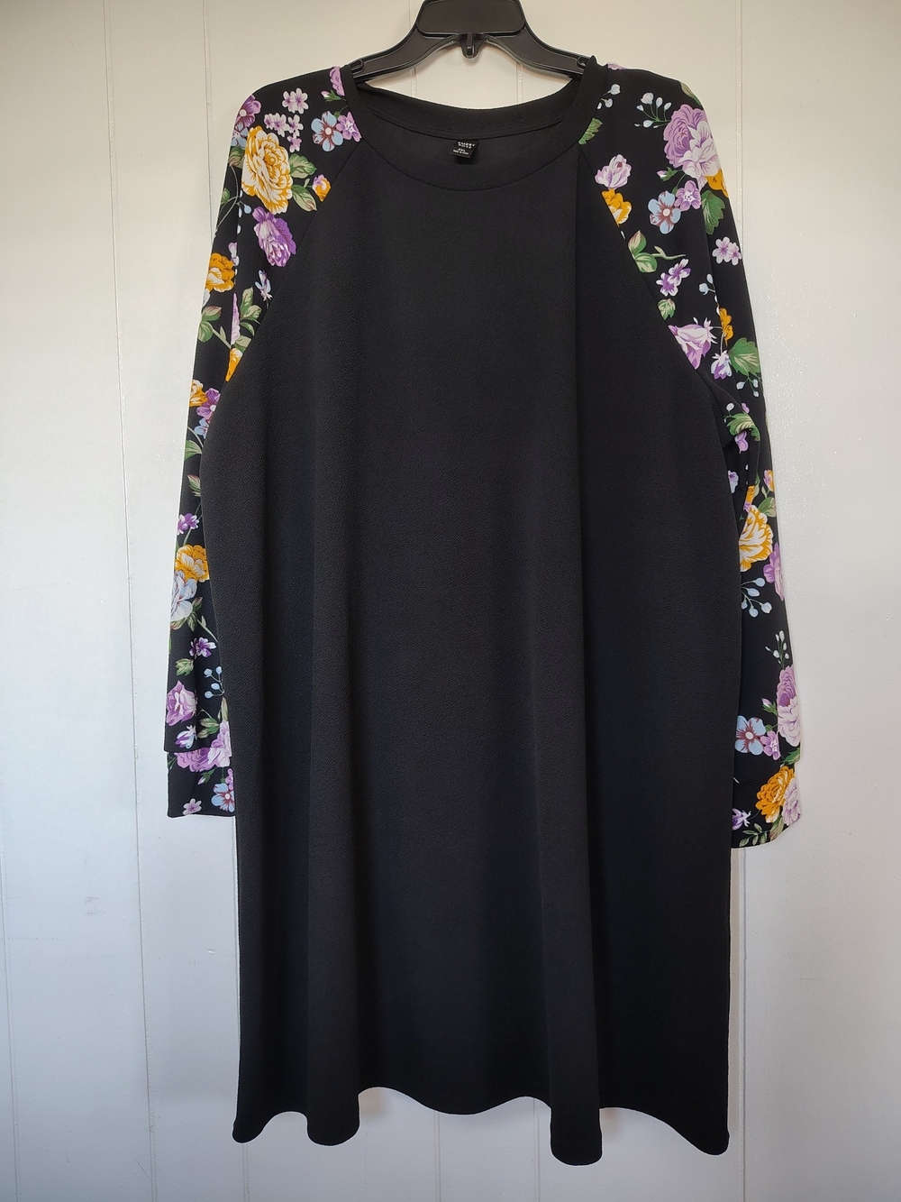 Black Long-Sleeve Dress with Floral Raglan Sleeves